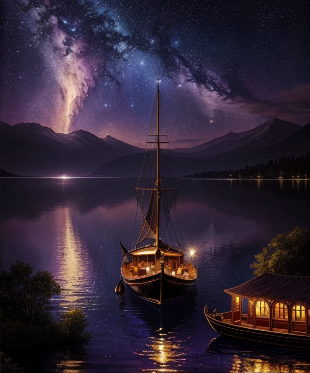 there is a gondola sailboat floating on the water at night with people on it, stars reflecting on the water, far away dreamy atmosphere, space art, tranquility of the endless stars, aurora sky, meteor shower on the sky, big moonlit backdrop, mystical night, fantasy victorian harbour night, sky waters, star lit sky, Starry sky detailed dreamscape, fantasy Victorian art, creative of unique, gold accessories, a surrealist painting inspired by gaston bussiere, shutterstock, gothic art, moonlit purple sky, mystical night, victorian harbour night, dream scenery art, deep dark purple waters, baroque painting. star lit sky, detailed dreamscape, fantasy victorian art, fantasy. Gondola boat