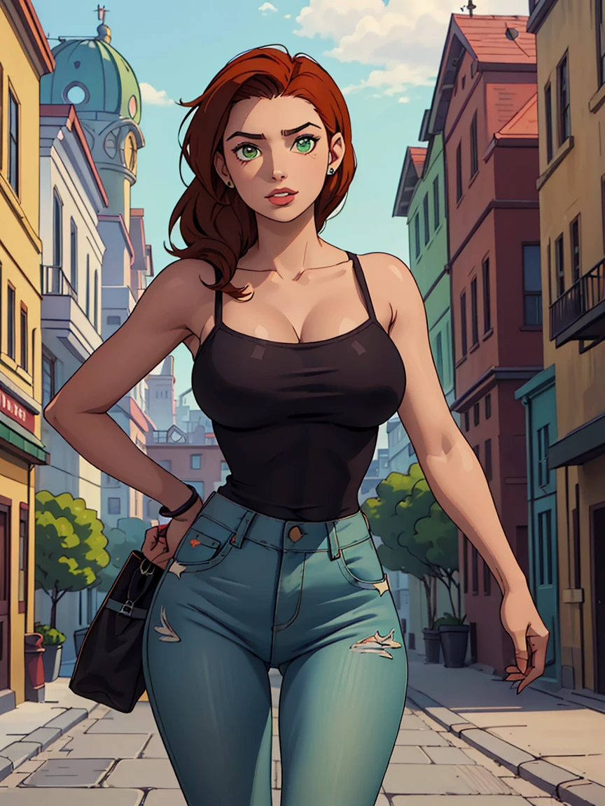 ((Solo)) ((Masterpiece)) ((High Quality)) ((Perfect Face)) ((Beautiful)) ((Round face)) ((20 years old)) ((Auburn hair)) ((Long black Hair)) ((Cute Nose)) ((Green Eyes)) ((Light Skin)) ((Camisole)) ((Tight jeans)) ((Full lips)) Curvy figure