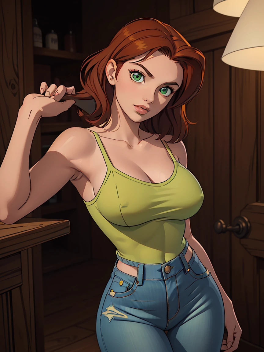 ((Solo)) ((Masterpiece)) ((High Quality)) ((Perfect Face)) ((Beautiful)) ((Round face)) ((20 years old)) ((Auburn hair)) ((Long black Hair)) ((Cute Nose)) ((Green Eyes)) ((Light Skin)) ((Camisole)) ((Tight jeans)) ((Full lips)) Curvy figure