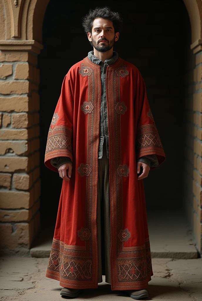 Jacquouille la Fripouille movie character from film The visitors wears uzbek traditional chapan. Create an image 9:16