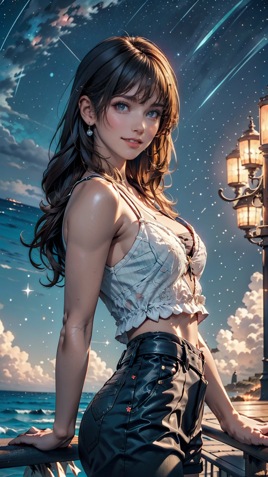 ((masterpiece,Highest quality, detailed)), Cowboy Shot, (One person:1.2), alone, (Captivating smile:1.3), chest, Are standing, View your viewers, (Ocean:1.3),(Starry Sky:1.3) ,  