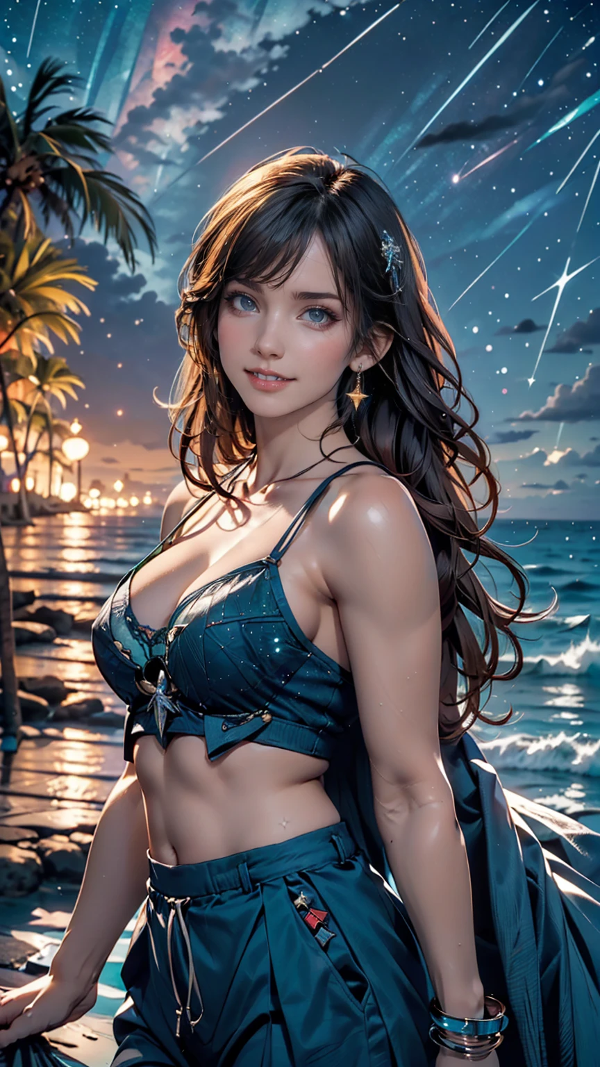 ((masterpiece,Highest quality, detailed)), Cowboy Shot, (One person:1.2), alone, (Captivating smile:1.3), chest, Are standing, View your viewers, (Ocean:1.3),(Starry Sky:1.3) ,