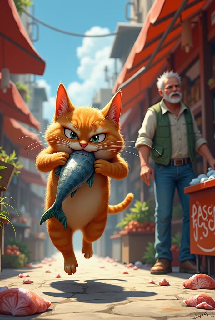 Cat Stealing Fish: The brown cat, with a fish in its mouth or paws, tries to slip away from a market stall. The scene shows the cat darting away while the vendor looks surprised and angry.