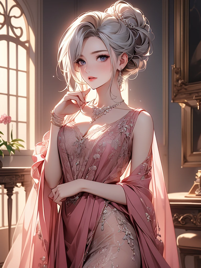 Dark pink lace thong&good, (((Very elegant and beautiful, Perfect detail, Very detailed))), whole body, The most detailed girl, Written boundary depth, Beautifully detailed whole body, Thin legs, 1 girl, 30 years old, Very short hair, Spiked Hair, Gray and silver hair, Beautiful detailed hair, Perfect Face, Expressionless, Beautiful, detailed, deep eyes, Please open your mouth a little, Delicate arms and hands, Pale skin, Earrings, Beautiful and gorgeous necklace, Colorful background, HD background, Blurred Background, Very delicate and beautiful, masterpiece, (((Highest quality, Very beautiful 8K CG wallpaper))), (((Trendy hairstyles))), (Inside the room,Stylish interior,window),