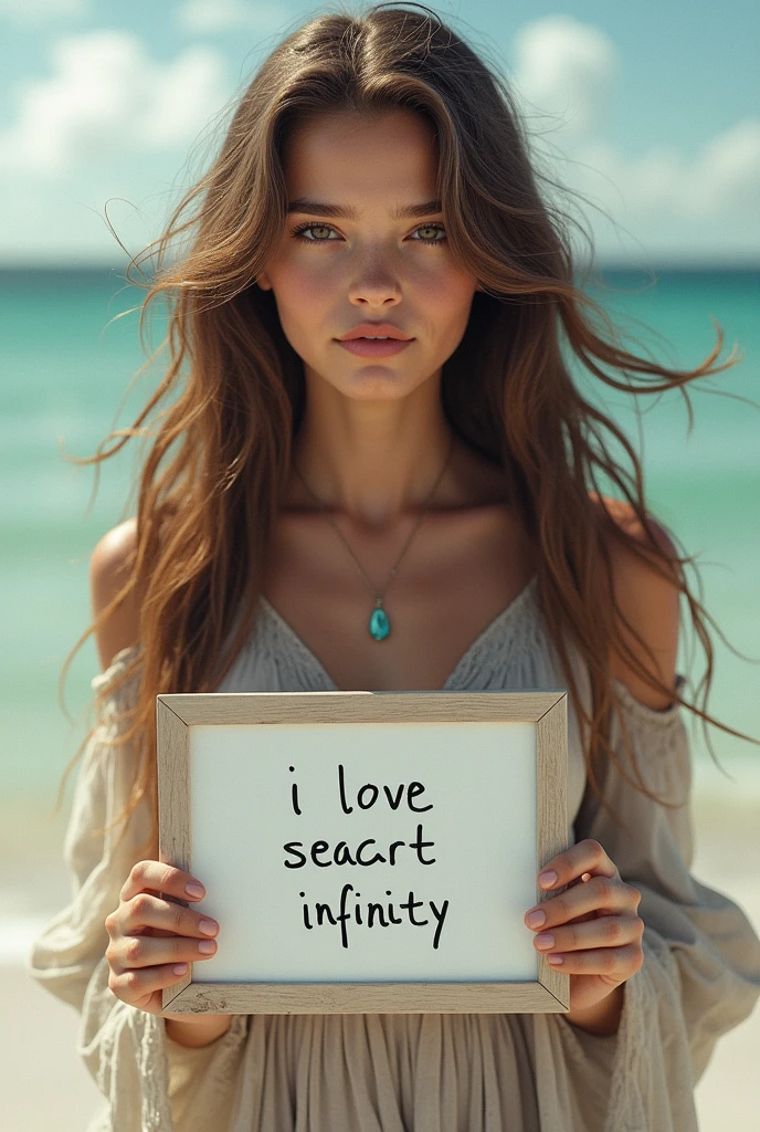 Beautiful girl with wavy long hair, bohemian dress, holding a white board with text "I Love Seaart Infinity" and showing it to the viewer