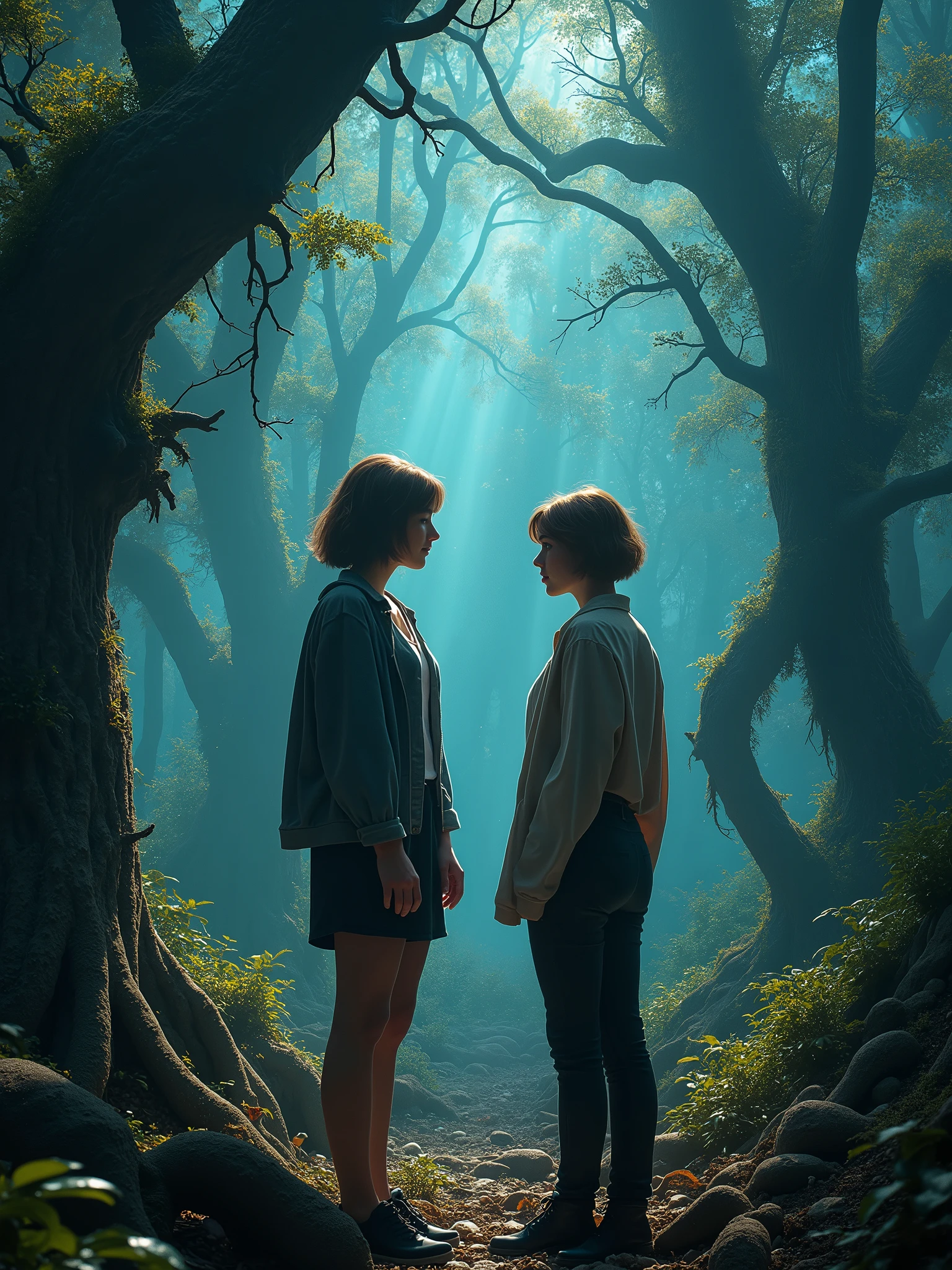 An ultra-realistic and highly detailed image of a 2 woman, Woman, short brown hair, in a thick forest, thorny trees, Epic images, high qualiy, fancy, swirly vibrant colors, night vision, casual clothes, casual clothes da moda ar-16:9 The scene was filmed on a Sony A7R IV camera with a 24-70mm f lens./2.8GM, which provides incredible clarity and richness of detail.