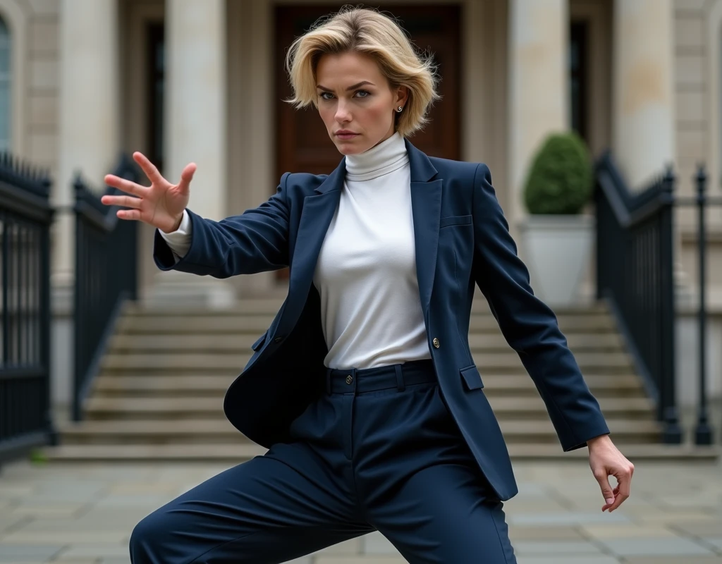 Karate paunch to a man's body, battle pose, Full body, standing pose, solon,  woman of 007 ,  Pub at London , (1 Scottish woman , 30 age ,gold hair, short cut,serious), wearing  Navy Blue blazer jacket, white turtleneck sweater,  Navy Blue pants, brown shoes ), front MI 6 building in London , ((super detail, high details, high quality, accurate, anatomically correct, textured skin, beautiful fingers super detail, high details, high quality, best quality))
