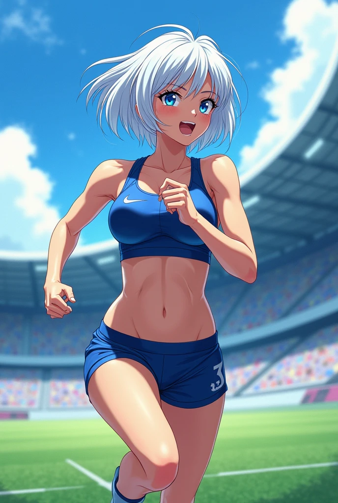 Anime Woman with short white hair, blue eyes, running around a stadium, side camera view