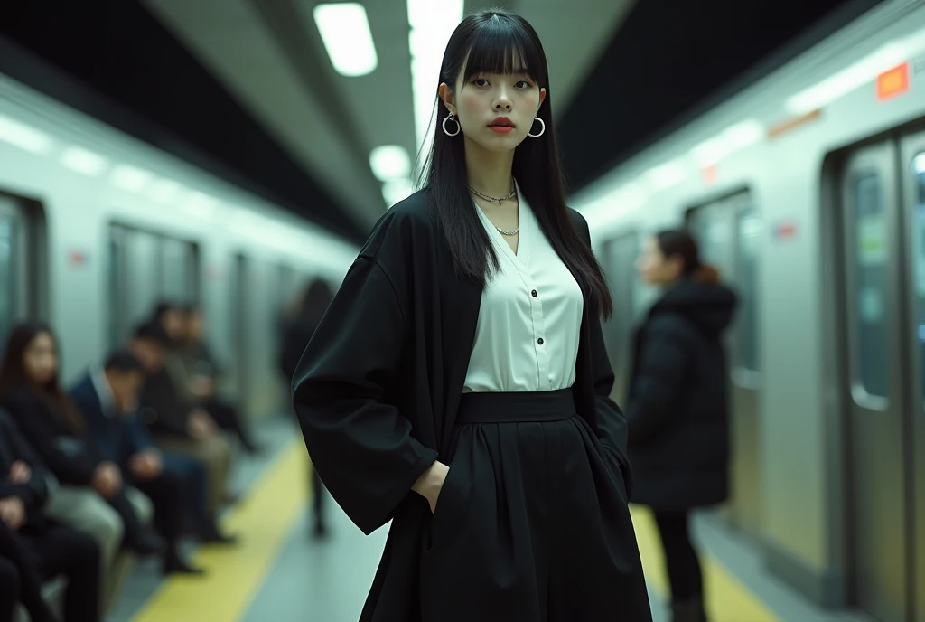 (Blunt bangs, Princess Bang))), (((Very heavy,Voluminous bangs:1.1))),(((very long, Very heavy,Very voluminous side locks:1.1))),, Hime cut, Straight bangs hairstyle, People with round faces and plain bangs, dull with long black hair、Bangs cut straight,))High Fashion Portrait, (Highest quality, detailed,masterpiece:1.2), Realistic, 1 person, Beautiful woman, Full Body Shot, Fashion Model, Dynamic pose, break small head, break (detailed buttocks, detailed legs, detailed body line, tight small breasts, Very small waist, Tight little ass, Beautiful muscular legs, Beautiful legs, Creates a sculptural beauty:1.2), Beautiful white, silky skin, A slim and beautiful neck, (Full Body Shot, Dynamic pose:1.2), break Opt for a sleek, (((Black Japanese style jacket, White long dress shirt,Black long skirt,Black boots,His hands are in his jacket pockets))) Accessorize with an abundance of statement jewelry, large silver hoop earrings, Style hair in a sleek, Architectural Upstyle,oversized hoop earrings, Sharp angles and a sleek finish give it a futuristic feel., break small head, detailed face, ((Full body photo))((Directly facing)))looking at the camera,masterpiece,Highest quality,8k,クレイジーなdetailed,複雑なdetailed,超detailed,super quality,High detail(((The hem of her skirt flutters in the wind as the subway passes by.,)))looking at the camera(Realistic、Realistic:1.37)、,Highest quality, figure, 超detailedな, finely, 完璧なダイナミックな構figure, ((Photographed inside a subway station,A subway passes behind a female model,A female model stands with her back to the subway,女性モデルは画角の真ん中でlooking at the camera,The subway is blurry as it passes by.,Many other passengers are facing the subway and waiting in line for the train.,女性モデルのみlooking at the camera)), Beautiful and fine details,Expressionless,, ,20 years old,Model body type,, ,Women are paying attention, Her face is beautiful and delicate,Showing an otherworldly beauty。,A female model standing in a pose on the subway,, Fashion Model,looking at the camera,masterpiece,The wind blowing through my hair as the subway passes by,A bit backlit,The tip of her hair is visible,
