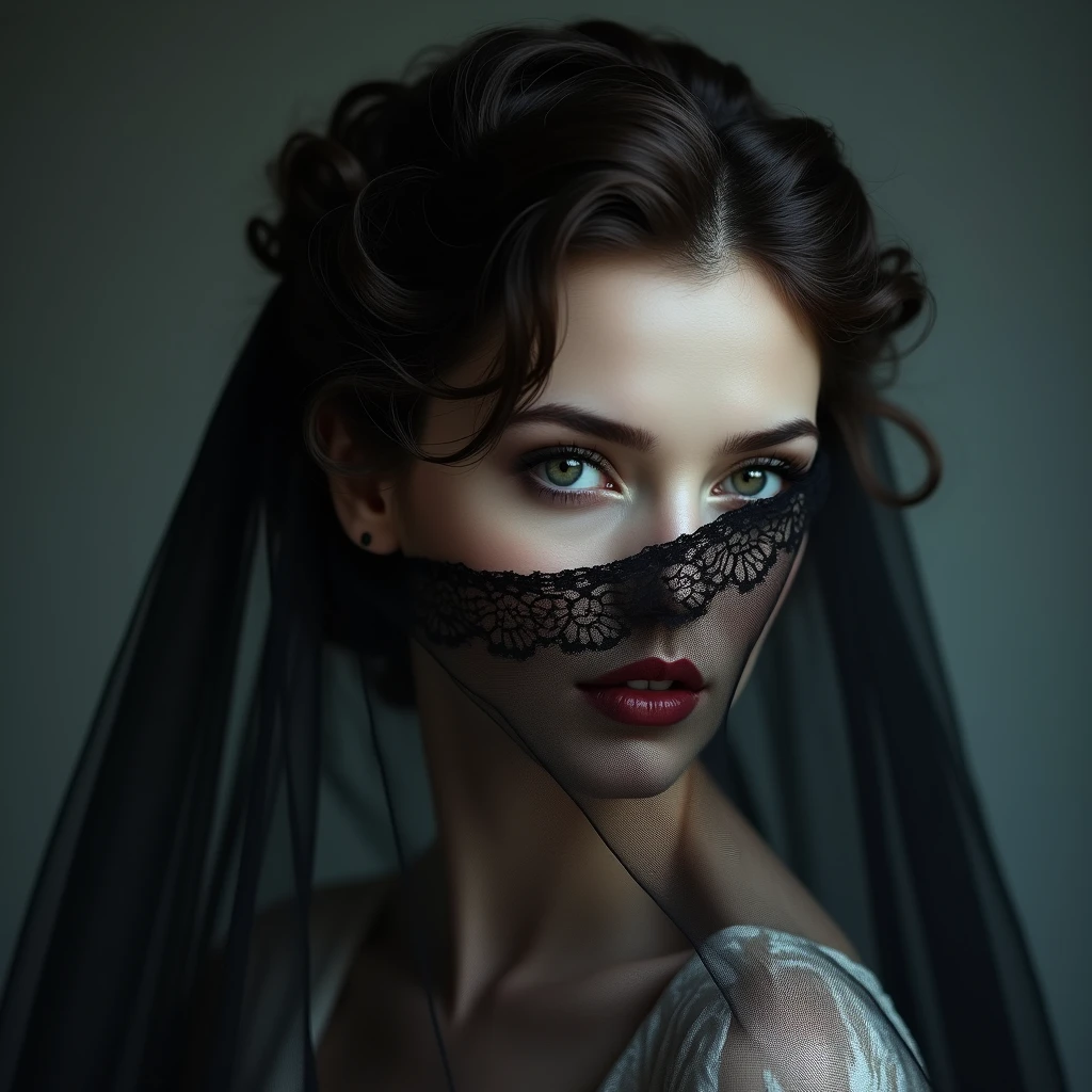 A captivating portrait of a mysterious woman, with her face partially concealed by a Black lace veil. Her intense, striking eyes pierce the viewer's gaze, creating an enigmatic and alluring atmosphere. Her hair is elegantly styled in an intricate updo, with tendrils softly framing her face. A hint of a white gown peeks through the veil, adding a sense of mystique to her attire. The muted background allows the viewer's focus to be drawn to the subject's mesmerizing visage and the delicate interplay of light and shadow that enhances the depth and texture of the portrait. This enigmatic piece invites the viewer to unravel the secrets of the woman's enigmatic persona.