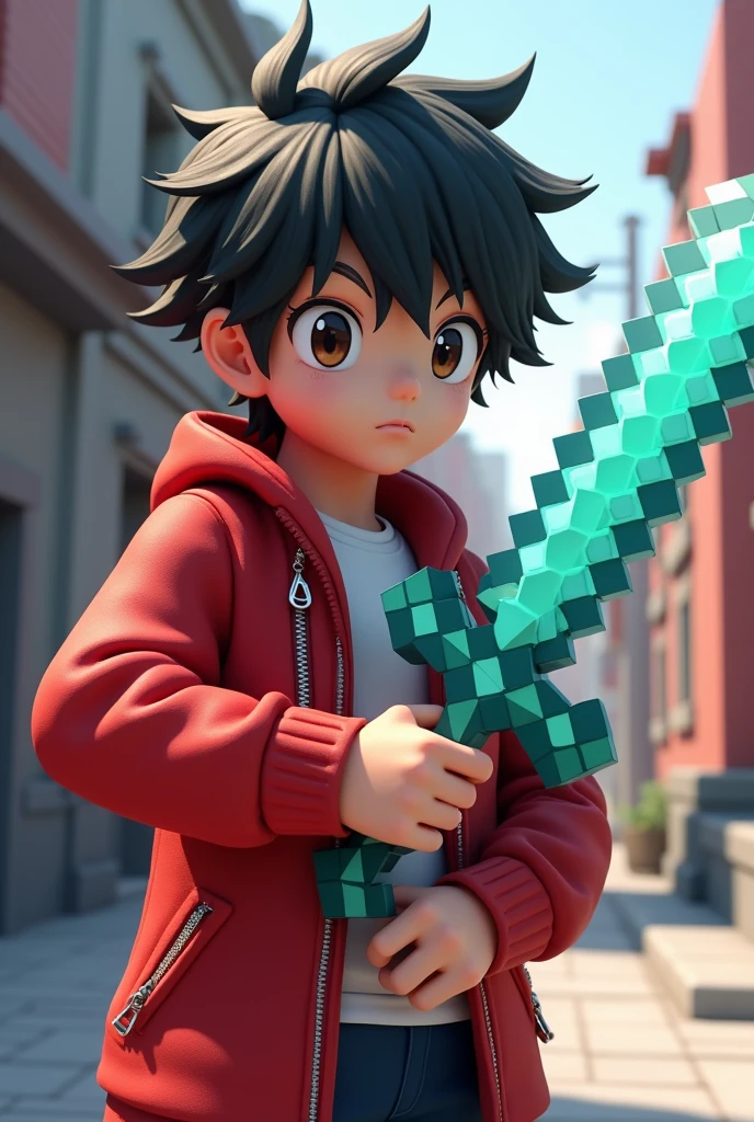 A anime 3D boy taking Minecraft diamond sword and his clothes red jacket from side new