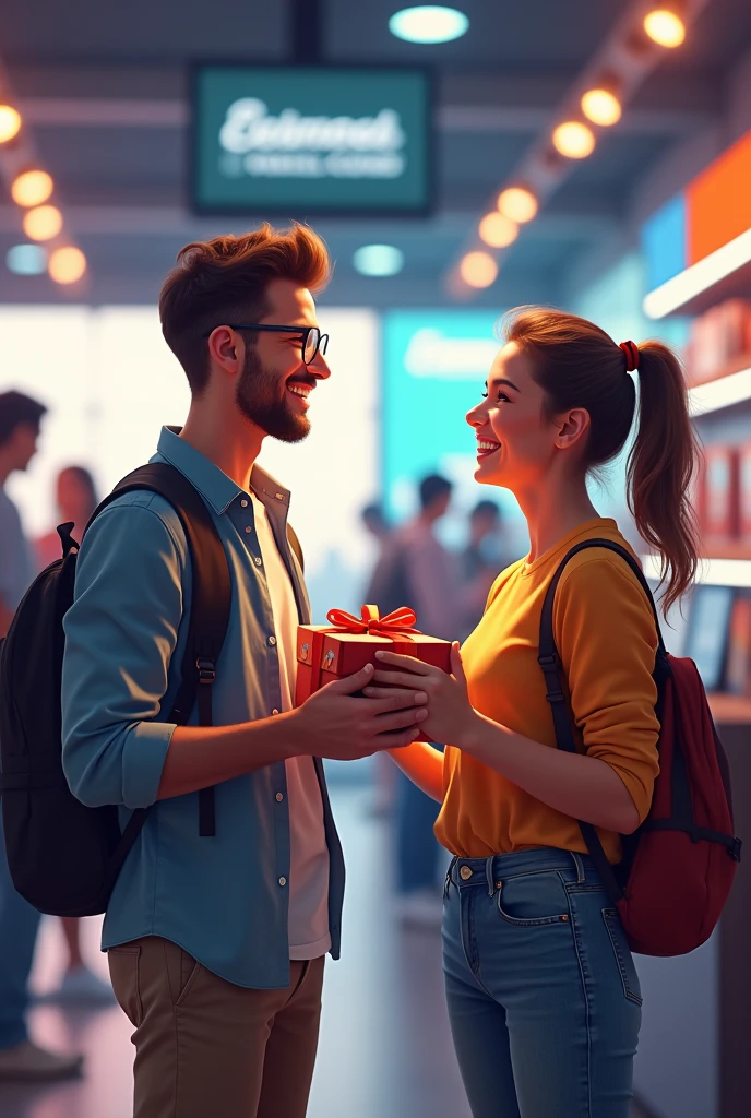 Guy standing happy with another one gifting a mobile phone box to him standing in mobile store
