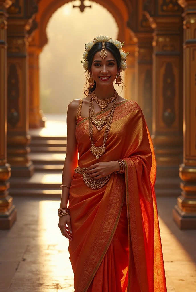 Gianna Dior is standing in a temple, dressed in a beautiful silk saree and blouse. She is adorned with golden ornaments, including earrings and bangles. Her hair is adorned with jasmine flowers, and she is smiling brightly. The lighting is warm and inviting, with a soft glow that highlights the intricate details of her outfit. The overall mood is one of joy and celebration, with a sense of reverence for the temple's sacred surroundings.