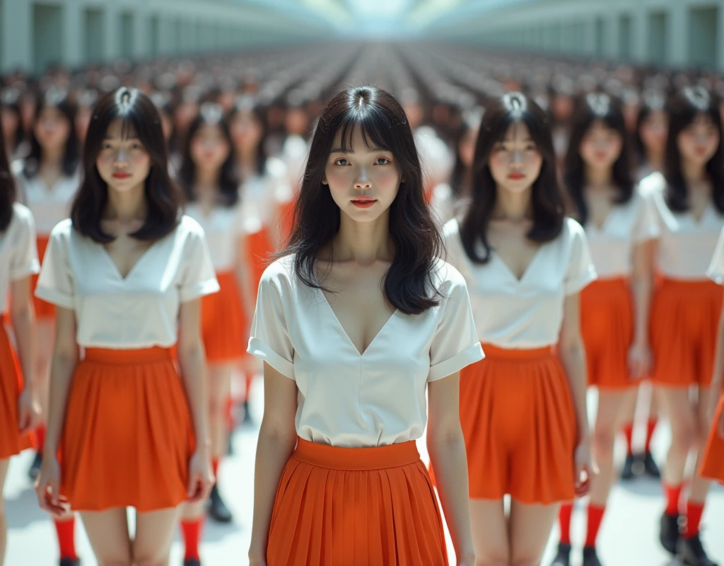 (((((Japanese Clone-girls=Myself))))), (((Super Best masterpiece Clone-girls Raw Photography Art))), (((16K, Highest quality, Ultra-high resolution, RAW Photos))), (((It's so unrealistic., With unparalleled depiction, With an unfathomable sight, An unprecedented and shocking worldview, Clone-girls: In a world of mass reproduction, Ultra-realistic))), (((Japanese Girls, Sasaki Nozomi, 26yo, Small face, Thick black hair, Medium to long hair, Dark Eyes, Mature face, Cute Smile, Smiling face, A gentle gaze, (((Very happy laughter)))))), (((Very beautiful detailed girls, Accurate body structure, Accurate body movements, Very detailed body, (((Super big breasts, Large bulge of ample breasts)))))), (((White short-sleeved shirt, I can see the cleavage, Emphasise the fullness of your breasts, Orange pleated mini skirt, Red color socks, Black leather shoes))), ((((((((Very detailed, Myself cloning, Depiction of splitting oneself, 1Myself girl→1,000,000,000,000,000,000,000,000,000,000Myself cloning girls)))))))), (((((((Myself clone-girlsから, Myself keeps multiplying, (Very detailed and intricate, To the exact, Flawless, (((In the same female body,With the same face, With the same hairstyle, In the same clothes, At the same height, 同じSuper big breastsである))), In a detailed depiction), 1,000,000,000,000,000,000,000,000,000,000 people))))))), (((((Myself girls only))))), (((((1,000,000,000,000,000,000,000,000,000,000Myself girls))))), (((((Very detailed depiction, Multiple or more Myselves, Physical contact, Pleasant conversation, Holding hands, Hug, walk, Turn around, Shift your gaze))))), (((Very detailed, Extremely crowded, Body-to-body contact with no gaps))), (Bright and soft light), (((((Clear and accurate perspective depiction, super wide view, Ultra-wide field of view, Focus on the average value of the image))))), A crowd of Myself filling up the horizon, Everyone is sexy!!!!, I want to touch each other, I want to have sex with everyone, I want to put my boobs together, Everyone is me, so it's okay to touch them, Sex with a group of people!!!!!