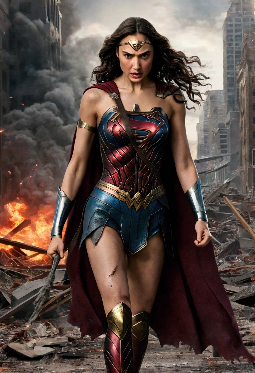 Gal Gadot angry, super girl outfit destroyed city background