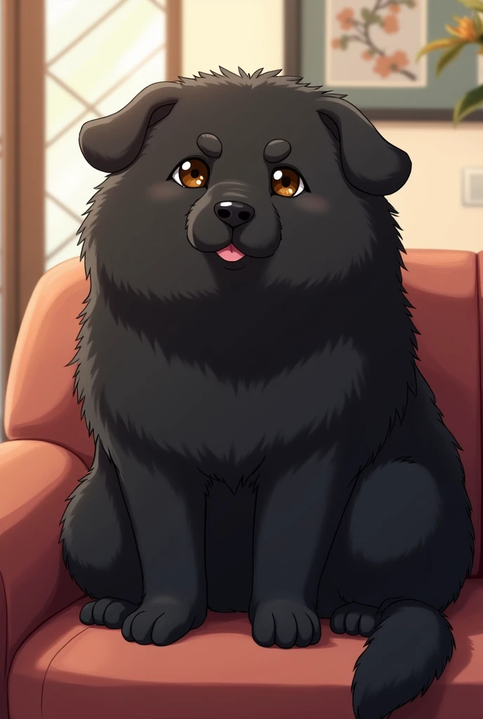 Big Black, furry anime dog sitting on a sofa