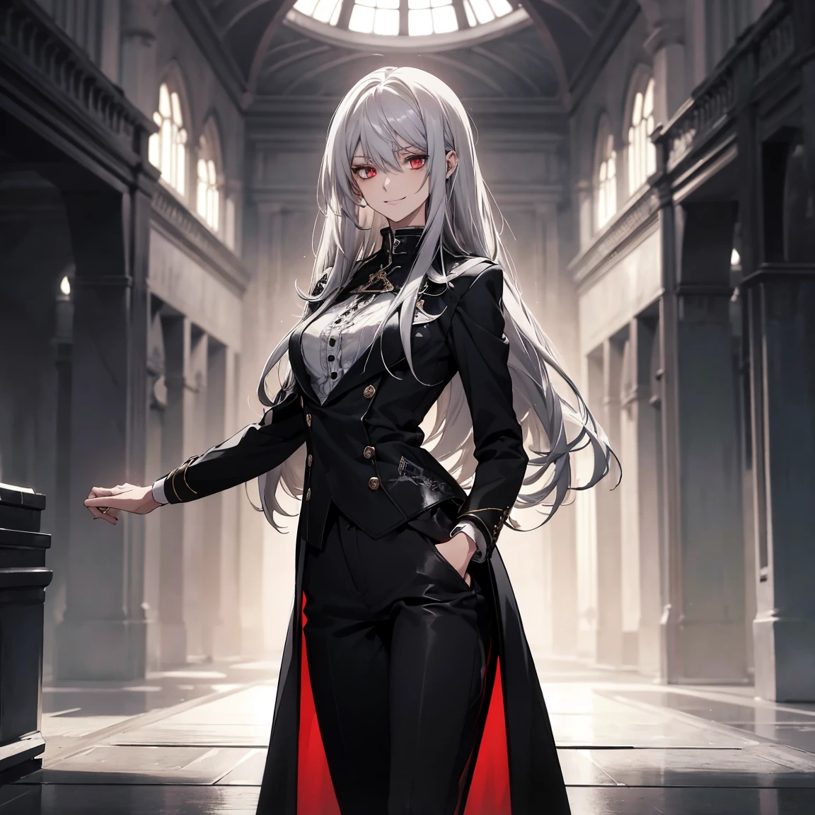 (Confused, High resolution, Very detailed), 1 female, Silver Hair,Long Hair,Crimson Eyes,Black and white clothes,24th generation,beauty,mature,thin,quiet,Calm,A small smile,A kind smile,In front of people you like,Long coat,Slender and thin,boots,skinny pants,observatory,Small ,
