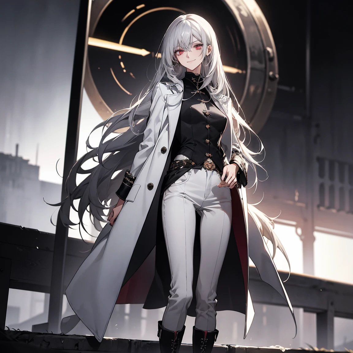 (Confused, High resolution, Very detailed), 1 female, Silver Hair,Long Hair,Crimson Eyes,Black and white clothes,24th generation,beauty,mature,thin,quiet,Calm,A small smile,A kind smile,In front of people you like,Long coat,Slender and thin,boots,skinny pants,observatory,Small breasts,