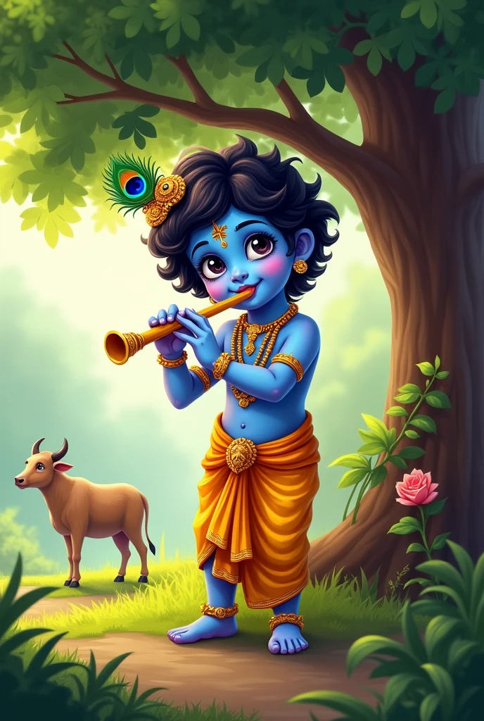 Create a vibrant and detailed illustration of a young Lord Krishna standing under a tree. Krishna is depicted as a , joyful child blue skin, playing a flute with a serene expression. He is adorned with traditional jewelry, a peacock feather crown, and dressed in a yellow dhoti. The background features lush greenery with a cow standing nearby, symbolizing the pastoral setting of Vrindavan. The overall atmosphere should be peaceful and divine, with soft lighting filtering through the leaves of the tree.