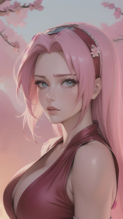 sakura haruno, 1girl, beautiful detailed eyes, beautiful detailed lips, extremely detailed face and skin, long pink hair, red dress, cherry blossom petals, serene expression, intricate detailed background, watercolor painting, pastel colors, soft lighting, (best quality, 4k, 8k, highres, masterpiece:1.2), ultra-detailed, (realistic, photorealistic, photo-realistic:1.37), vibrant colors, delicate petals, cinematic lighting, intricate details