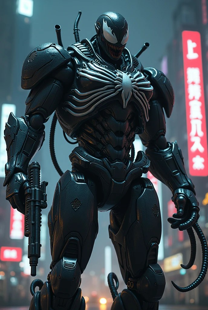 Draw a fusion of Venom and Robocop。Mechanical、Make it a scary robot。Put a machine gun in your hand。The background is Tokyo at night。Draw with black and silver。Robocop ratio is stronger