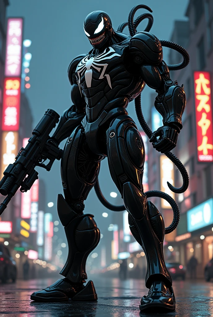 
Draw a fusion of Venom and Robocop。Mechanical、Make it a scary robot。Put a machine gun in your hand。The background is Tokyo at night。Draw with black and silver。Robocop ratio is stronger