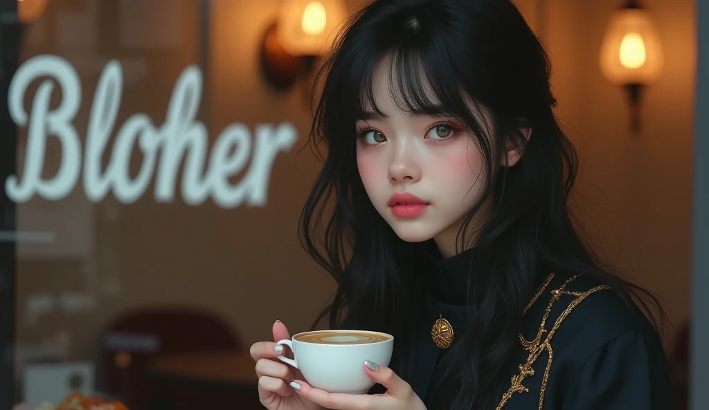 Portrait of a young woman drinking coffee in a café, seen through the window. The woman has an ethereal appearance, with fair skin, large greenish-grey eyes, and soft pink full lips. Her black, slightly wavy hair softly frames her face. She is wearing a dark coat with golden details and a golden brooch on the front. The scene focuses on a close-up of her face, reflecting serenity and mystery as she holds a cup of coffee with both hands. Through the café window, the name "BLOHER" is subtly frosted, elegantly blending into the image without overshadowing it. The glass allows a clear view of the warm and cozy interior of the café, while the woman's gaze conveys a deep calm.