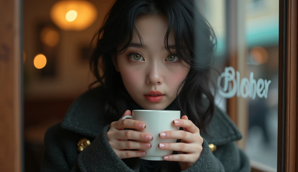 Portrait of a young woman drinking coffee in a café, seen through the window. The woman has an ethereal appearance, with fair skin, large greenish-grey eyes, and soft pink full lips. Her black, slightly wavy hair softly frames her face. She is wearing a dark coat with golden details and a golden brooch on the front. The scene focuses on a close-up of her face, reflecting serenity and mystery as she holds a cup of coffee with both hands. Through the café window, the name "BLOHER" is subtly frosted, elegantly blending into the image without overshadowing it. The glass allows a clear view of the warm and cozy interior of the café, while the woman's gaze conveys a deep calm.