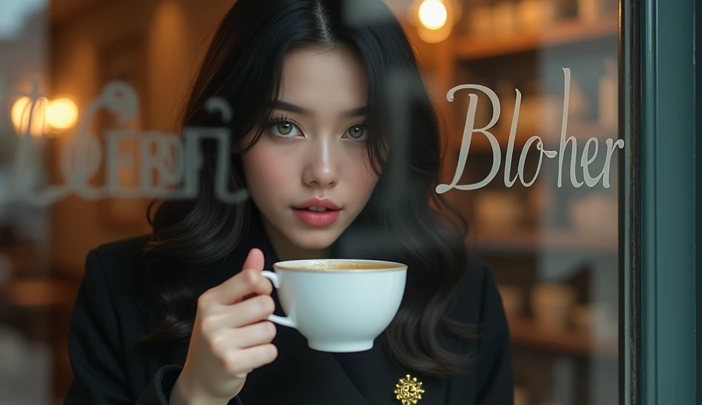 Portrait of a young woman drinking coffee in a café, seen through the window. The woman has an ethereal appearance, with fair skin, large greenish-grey eyes, and soft pink full lips. Her black, slightly wavy hair softly frames her face. She is wearing a dark coat with golden details and a golden brooch on the front. The scene focuses on a close-up of her face, reflecting serenity and mystery as she holds a cup of coffee with both hands. Through the café window, the name "BLOHER" is subtly frosted, elegantly blending into the image without overshadowing it. The glass allows a clear view of the warm and cozy interior of the café, while the woman's gaze conveys a deep calm.