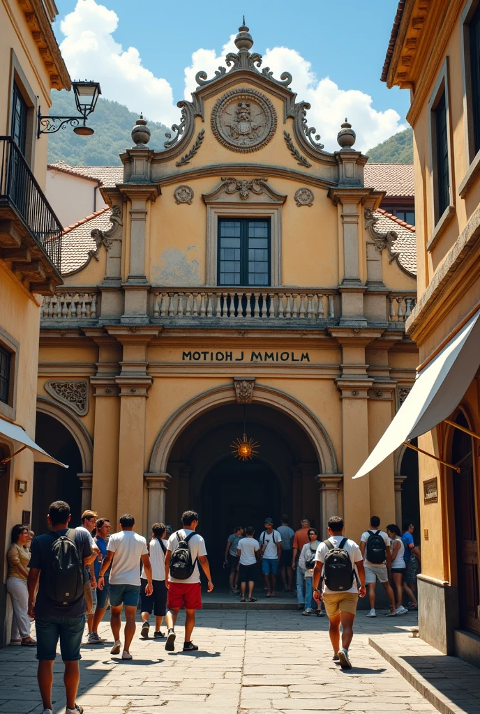 Public bath house, European architecture of 1650, with a sign written in capital letters “NHAMBU 01-M”, with Brazilian men in casual clothes and backpacks coming and going.