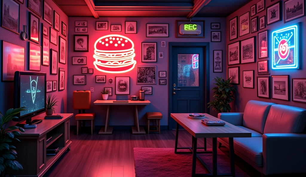 Anime Style、A room decorated with many paintings、cyber-、Burger shaped neon sign,component