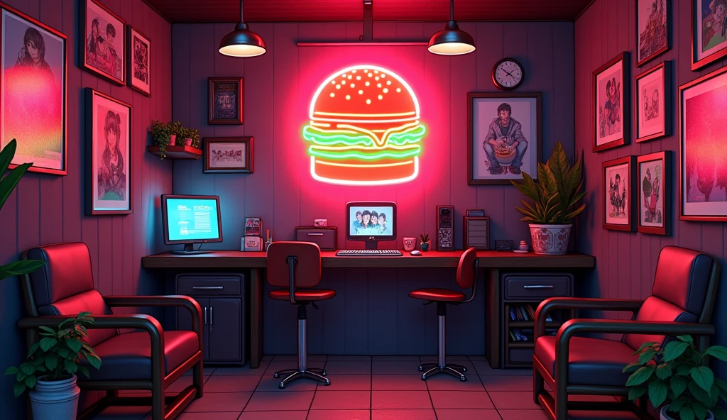 Anime Style、A room decorated with many paintings、cyber-、Burger shaped neon sign,component