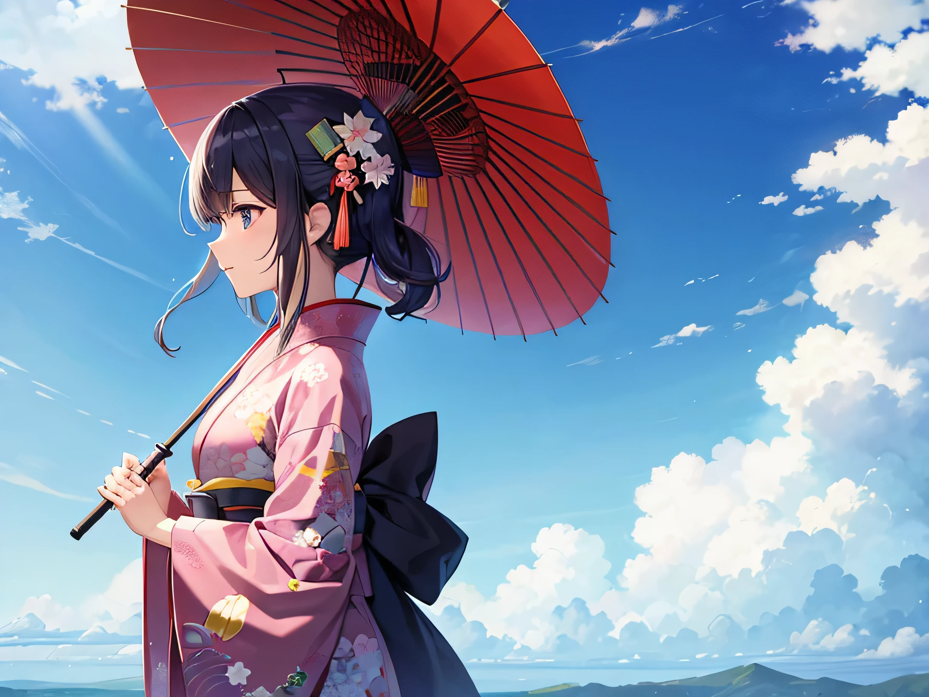 For profile pictures、Create a picture of an anime character wearing a kimono and holding a Japanese umbrella。