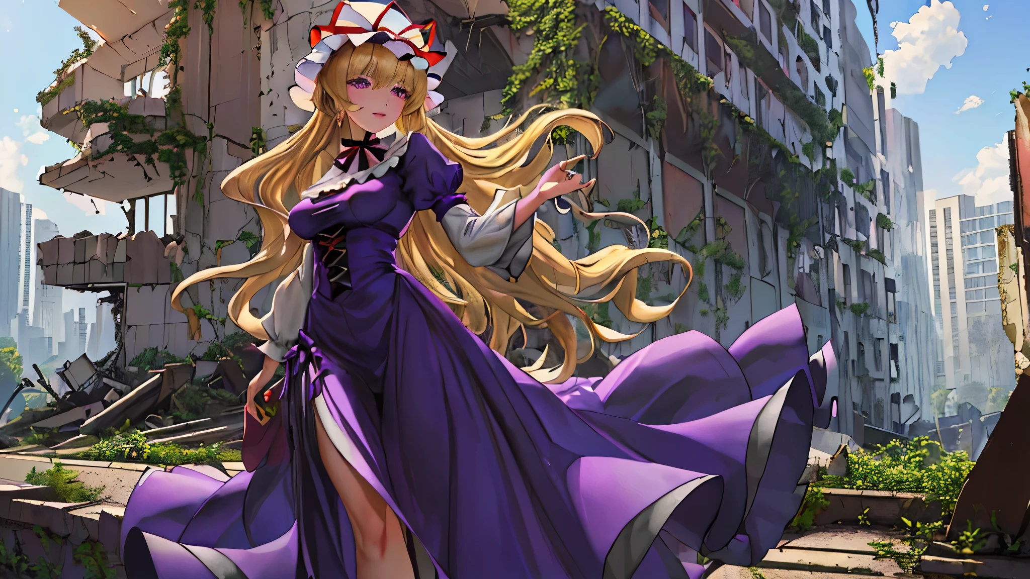  {yakumo_yukari_Touhou:1.15},((Long shot of a girl standing in the ruins of a high-rise building)),Ivy-covered ruins,(((Ruins of a big city)),concrete,asphalt,((masterpiece, Highest quality, Extremely detailed CG, unity 8k wallpaper )),(masterpiece, Highest quality, Highest quality, Official Art, beautiful,aesthetic:1.2),Purple Dress,Long skirt,ribbon, hat, mob cap, hat ribbon, white headwear, bangs, breasts, hair between eyes, hair bow, large breasts, very long hair,(((Blonde))),Very colorful,Very vivid,High-precision images,Ultra-high resolution,unrealistic,beautiful顔,Perfect Face,Photorealistic Background,High resolution face,Detailed face,Ray Tracing
