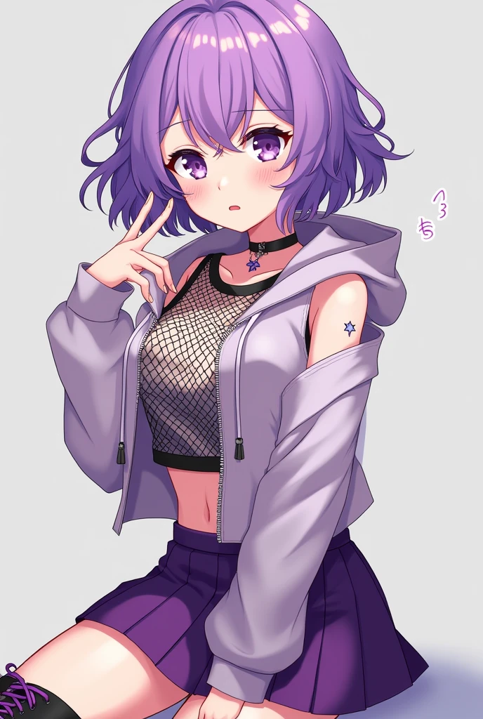 A teenage girl of 15 with purple short wavy hair with a middle part that has layers wearing a cropped sleevless hoodie with a fish net tee underneath and a purple skirt with black knee high boots with purple laces, a choker on her neck with a star dangling from it, a lip piercing, a star beneath her left cheak of purple color and a teardrop of black color on her right cheak drawn on. In anime art style. Her hoodie should be zipped and she should have a ":3" look on her face.