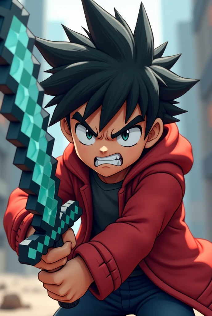 A anime 3D boy taking Minecraft diamond sword and his clothes red jacket front side angry