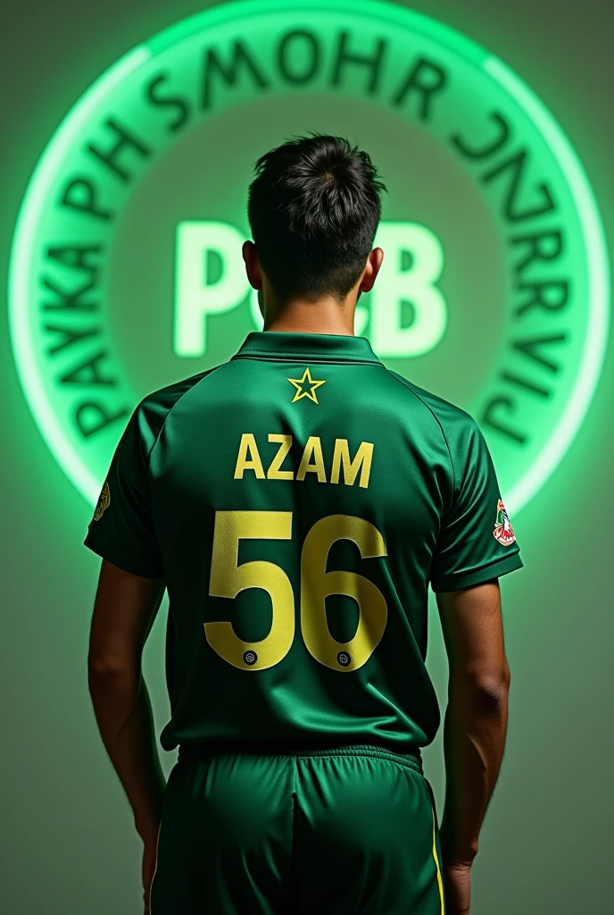 Make a babar azam photo from a back side with the pakistan cricket board logo and also write a shirt no 56 on his shirt green shirt and look a good more better logo with pct background 