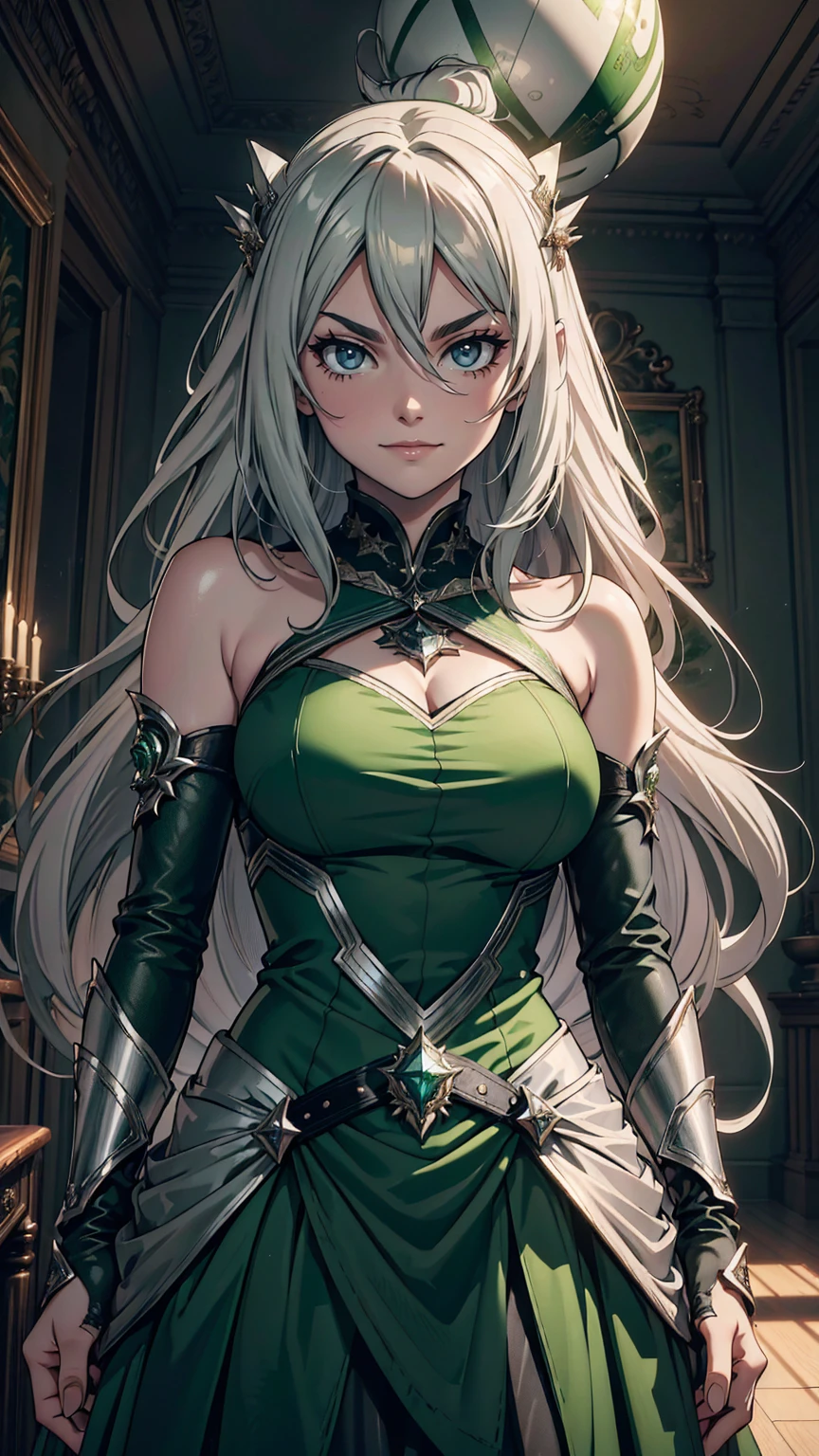 最high quality、Ultra High Definition, Ultra High Quality, Hyper Definition, Extremely Detailed, Perfectly Detailed, Best image quality、masterpiece、woman((20-year-old、super dynamic pose , Green solid eyes, Silver long Hair、Disheveled Hair、White Grey Hair、thin, Long Glove、Green Ball Dress, She is smirking like a villain、 , Dressed in Ball Dress)),high quality、Beautiful art、background((Inside the mansion))、Written boundary depth、 dynamic pose, movie、Visual Arts、8K,Genuine、