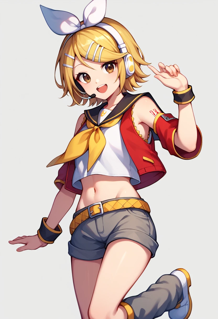 score_9, score_8_up, score_7_up,score_6_up, score_5_up, score_4_up , 1girl, solo, meiko, (brown eyes:1.5), brown hair, short hair,, bare arms, crop top, jacket, midriff, miniskirt, navel, red jacket, red skirt, skirt, sleeveless, sleeveless jacket, wrist cuffs, rin kagamine, blonde hair, blue eyes, hair bow, headset, short hair, headphones, bare shoulders, belt, black sailor collar, black shorts, bow, crop top, detached sleeves, grey legwear, grey shorts, grey sleeves, hair bow, leg warmers, neckerchief, sailor collar, , shirt, short shorts, short sleeves, shorts, white bow, white footwear, white shirt, yellow neckerchief, happy, cowboy shot, simple background