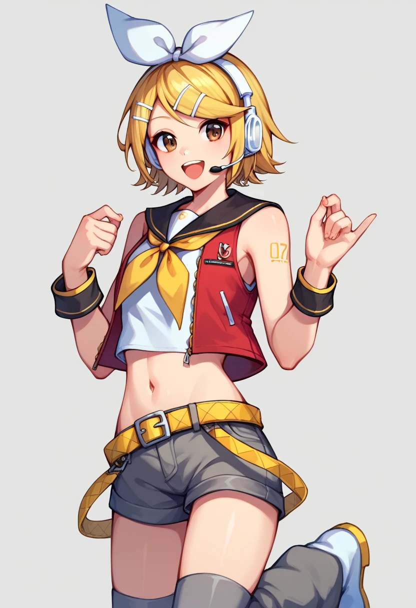 score_9, score_8_up, score_7_up,score_6_up, score_5_up, score_4_up , 1girl, solo, meiko, (brown eyes:1.5), brown hair, short hair,, bare arms, crop top, jacket, midriff, miniskirt, navel, red jacket, red skirt, skirt, sleeveless, sleeveless jacket, wrist cuffs, rin kagamine, blonde hair, blue eyes, hair bow, headset, short hair, headphones, bare shoulders, belt, black sailor collar, black shorts, bow, crop top, detached sleeves, grey legwear, grey shorts, grey sleeves, hair bow, leg warmers, neckerchief, sailor collar, , shirt, short shorts, short sleeves, shorts, white bow, white footwear, white shirt, yellow neckerchief, happy, cowboy shot, simple background