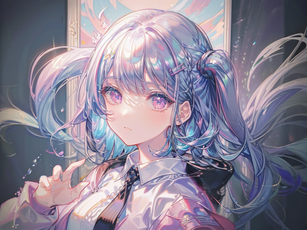 1girl in、florals,((masterpiece:1.4), best quality, HDR,UHD,8K), expressive eyes, cute chibi face, 1girl, solo, cute, perfect body, long light blue hair, wavy long bangs,chibi pink eyes, white skin, black crop top,pink tie, has black skirt,