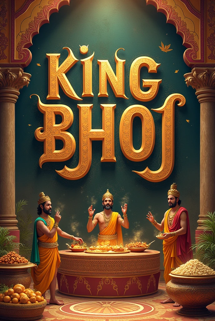"An artistic representation of King Bhoj's name being derived from the act of feeding the poor, with a background showcasing a royal atmosphere and the symbolism of food and generosity."