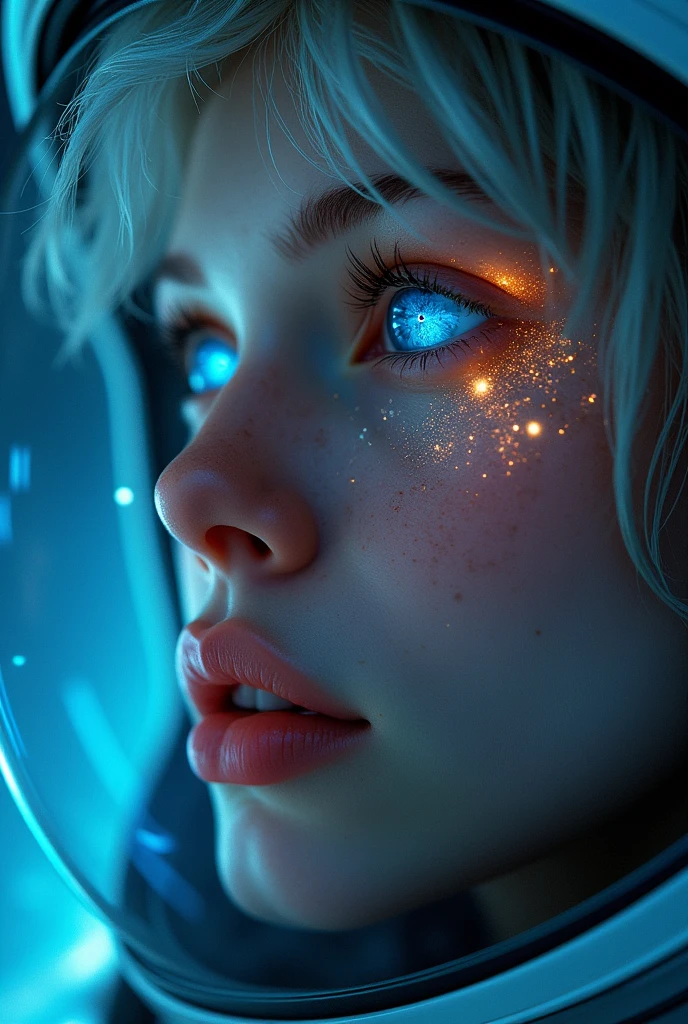 (Close-up of a better masterpiece:1.5)0.9], (Space and astronauts:1.2) (Messy silver hair:1.1) (Heterochromia xanthochromia and blue eyes:1.2) (Space Helmet:1.0) (Colored stars in the eyes:1.0) (A radiant glow:1.1) (thick lips:0.9)