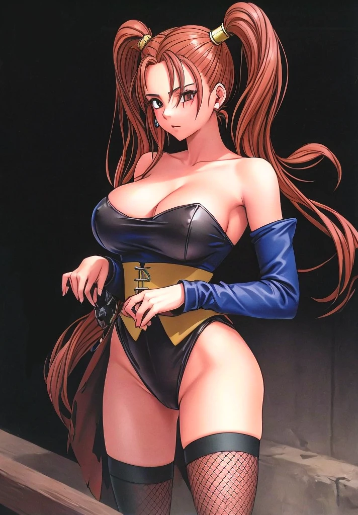 Jessica, with her big breasts, beautiful legs, shoulder-length twin tails, showing her arms and shoulders, and a mature face, is standing in a black high-cut bunny suit and fishnet stockings.。A bandit is standing next to Jessica.。forest。