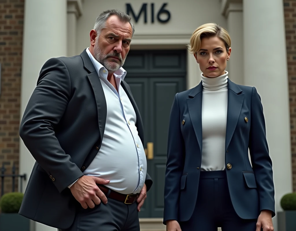 Karate paunch to a man's body, battle pose, Full body, standing pose, solon, woman of 007 in Pub at London , (1 Scottish woman , 30 age ,gold hair, short cut,serious), wearing Navy Blue blazer jacket, white turtleneck sweater, Navy Blue pants, brown shoes ), front MI 6 building in London , ((super detail, high details, high quality, accurate, anatomically correct, textured skin, beautiful fingers super detail, high details, high quality, best quality))
