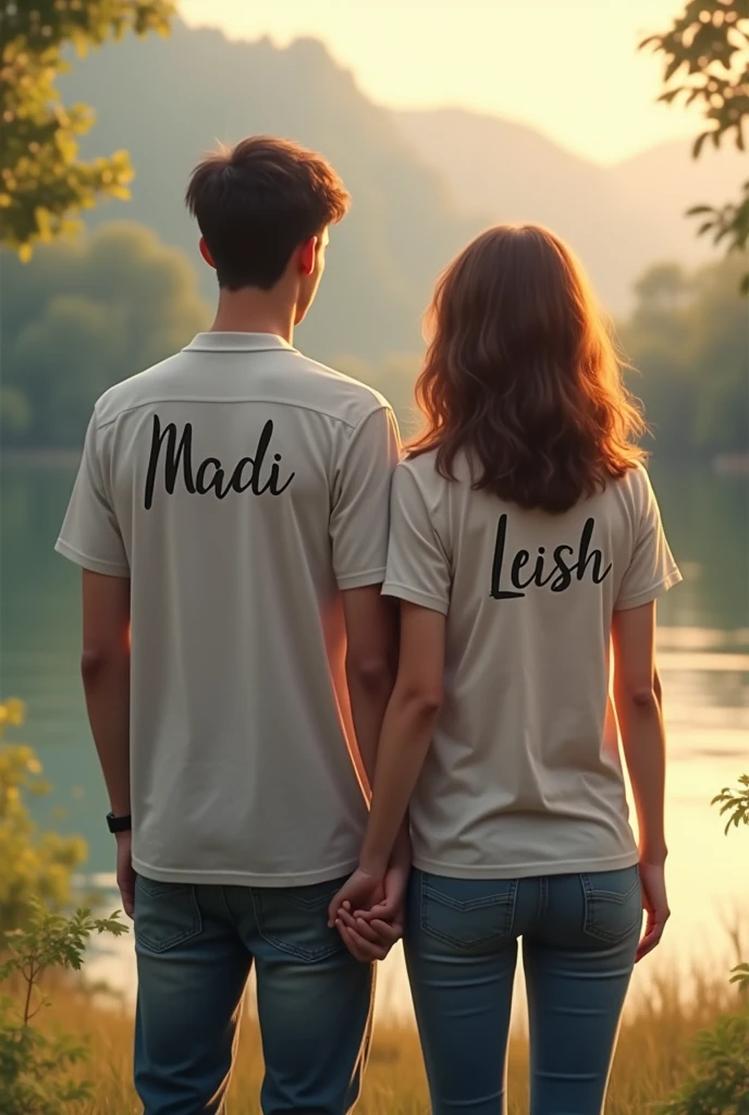 Generate a beautiful scenery in which a guy and a girl have their backs and are holding their hands ghe guy has Madi writren at the back of his shirt and the gurl has Leish written both are of the same height and Leish should be written at the back of the girl