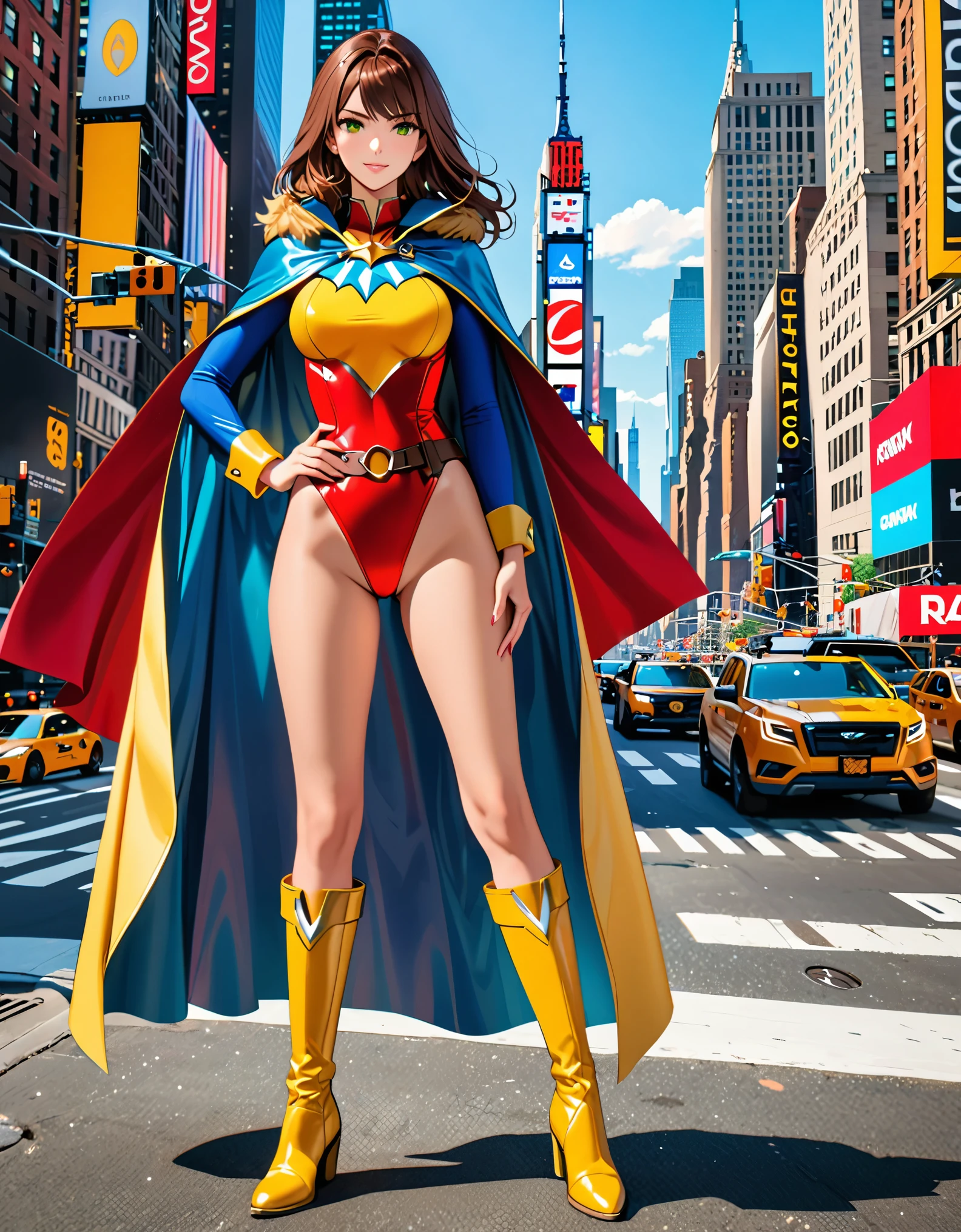 (masterpiece), (best quality), (high res), 1lady, tall body, highly detailed, professional, beautiful detailed eyes, beautiful detailed face, perfect hands, complete fingers, perfect anatomy, perfect proportions, ((brown hair, medium hair, hair down)), ((green eyes)), ((leotard, (red leotard), matching leotard)), (bare legs), (boots, matching boots, knee-high boots, yellow boots), breasts, medium breasts, (full body portrait), looking at viewer, solo, solo focus, standing, one hand on hip, cowboy shot, new york backdrop, ((tight belt)), (blue sleeves, yellow cuffs), ((yellow hawk/(symbol/)) on chest), ((medium cape, (blue cape))), full body costume design.