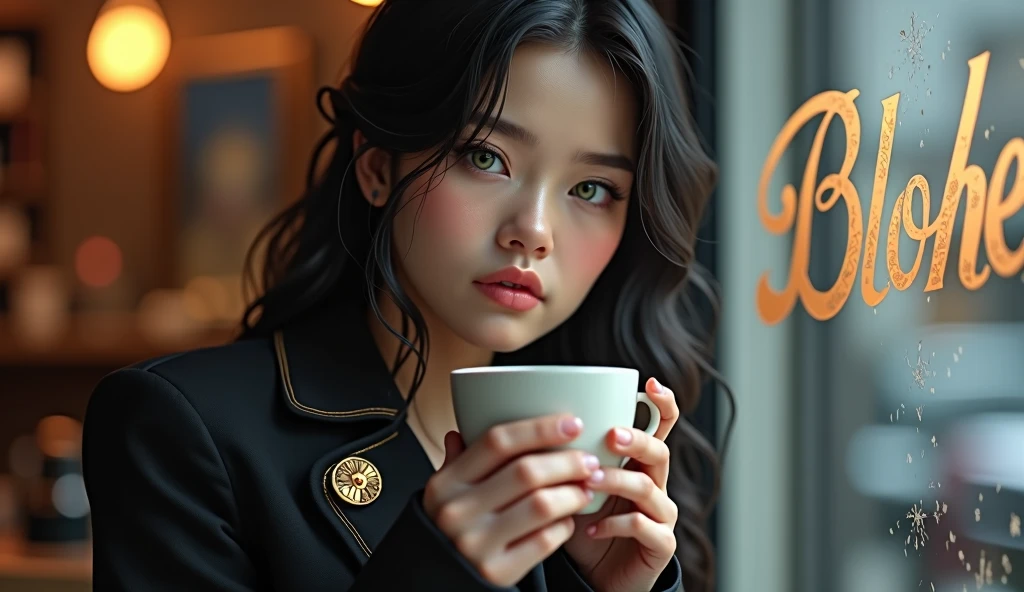 Portrait of a young woman drinking coffee in a café, seen through the window. The woman has an ethereal appearance, with fair skin, large greenish-grey eyes, and soft pink full lips. Her black, slightly wavy hair softly frames her face. She is wearing a dark coat with golden details and a golden brooch on the front. The scene focuses on a close-up of her face, reflecting serenity and mystery as she holds a cup of coffee with both hands. Through the café window, the name "BLOHER" is subtly frosted, elegantly blending into the image without overshadowing it. The glass allows a clear view of the warm and cozy interior of the café, while the woman's gaze conveys a deep calm.