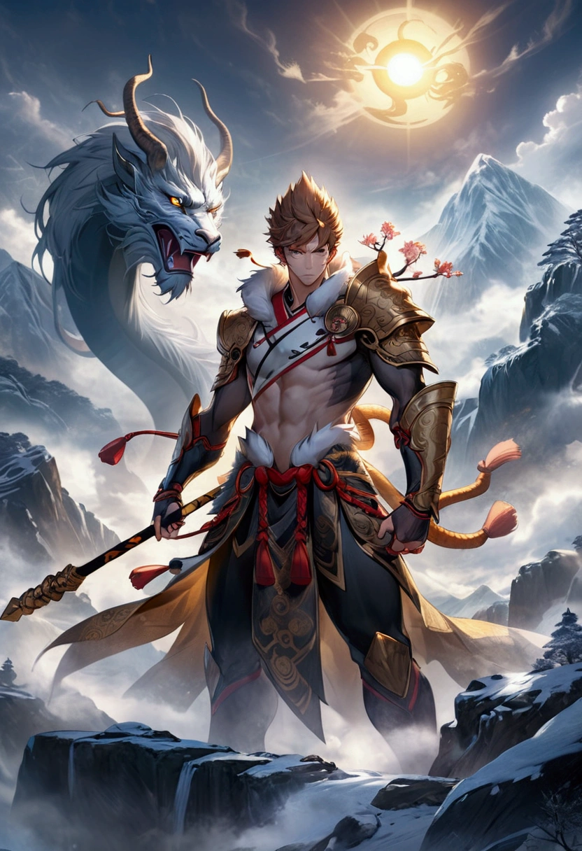 Create a highly detailed scene of Sun Wukong from the game 'Black Myth: Wukong.' He should be shown standing tall in the midst of a misty mountain landscape, holding his golden staff. Sun Wukong's fur is golden-brown, and his piercing eyes reflect his fierce yet wise nature. His armor is adorned with intricate dragon motifs, and his surroundings include ancient temples and mystical creatures. The scene should evoke a sense of epic adventure, power, and mythological depth.