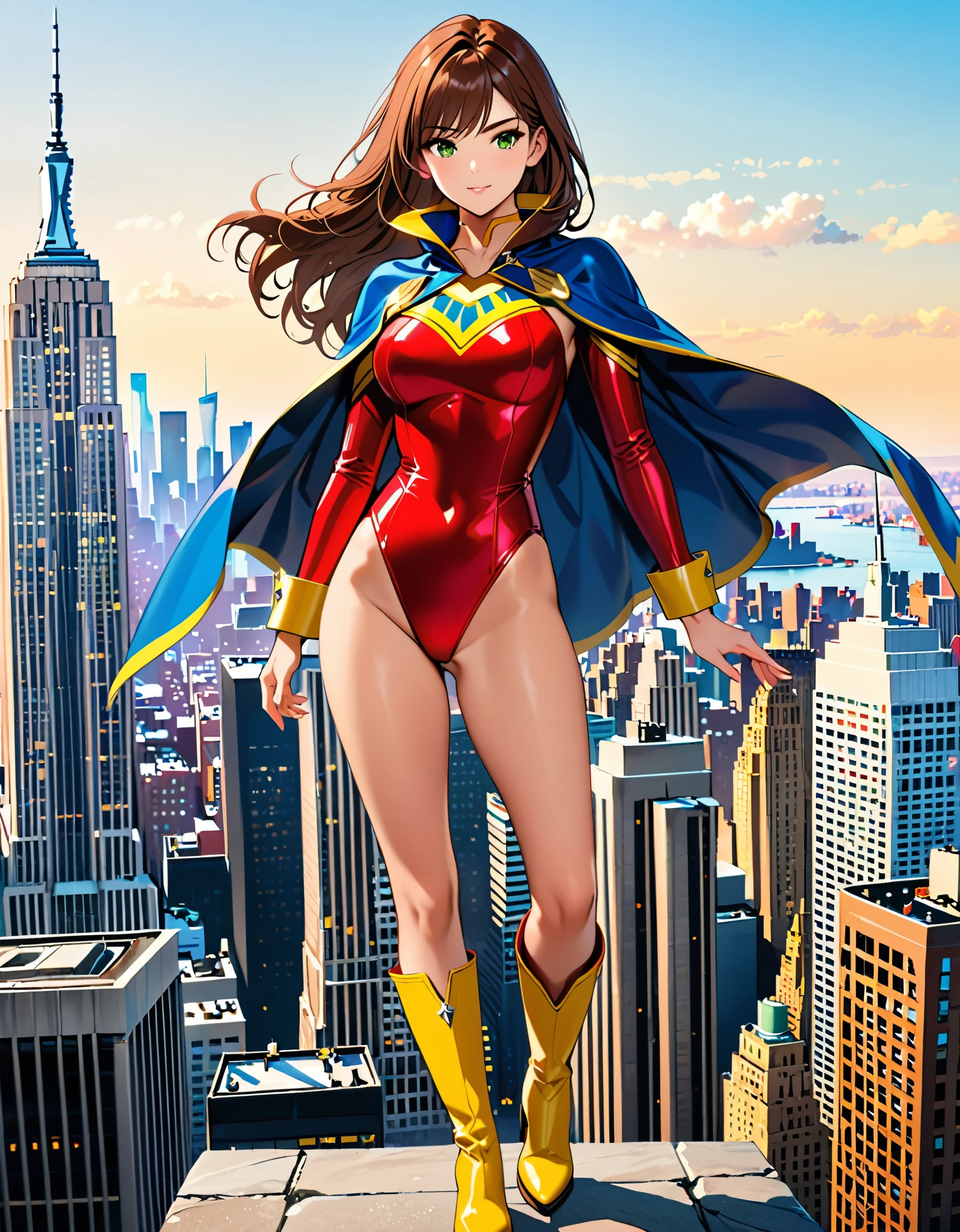 (masterpiece), (best quality), (high res), 1lady, tall body, highly detailed, professional, beautiful detailed eyes, beautiful detailed face, perfect hands, complete fingers, perfect anatomy, perfect proportions, ((brown hair, medium hair, hair down)), ((green eyes)), ((leotard, (red leotard), matching leotard)), (bare legs), (boots, matching boots, knee-high boots, yellow boots), breasts, medium breasts, (full body portrait), looking at viewer, solo, solo focus, standing, one hand on hip, cowboy shot, new york backdrop, ((tight belt)), (blue sleeves, yellow cuffs), ((yellow hawk/(symbol/)) on chest), ((medium cape, (blue cape))), full body costume design.